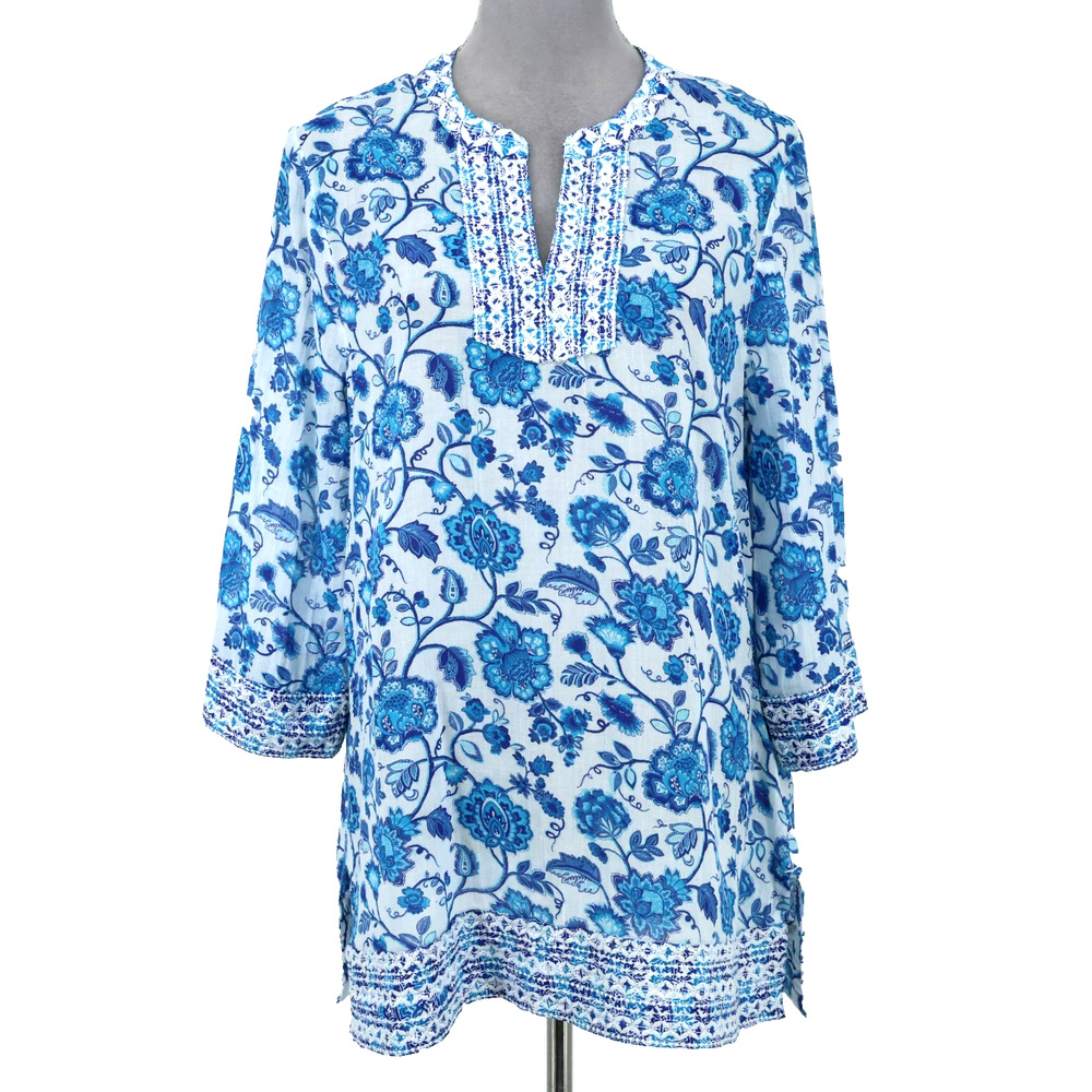 Sigrid Olsen Top Womens Medium Blue Floral Cotton Gauze Blouse Embroidered Trim